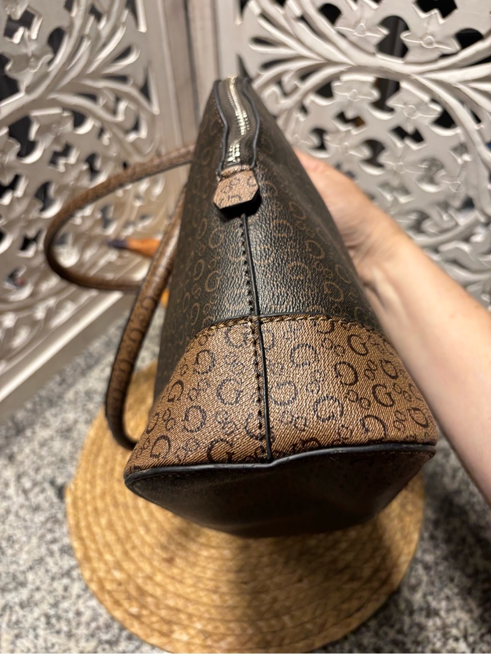 GUESS Brown Two-Tone Logo Satchel - Picture 7 of 14